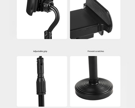 Adjustable mobile phone stand, desktop use, height adjustable, sturdy design for easy viewing.