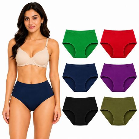 Women’s 100% Combed Cotton Panties Pack of 6 | Plain Full Coverage Briefs | Inner Elastic Women Panty | Soft, Breathable & Comfortable | Stretchable Waistband | Women Innerwear | Cotton Panties for Women
