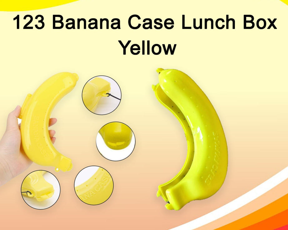Bright yellow banana-shaped lunch box.
