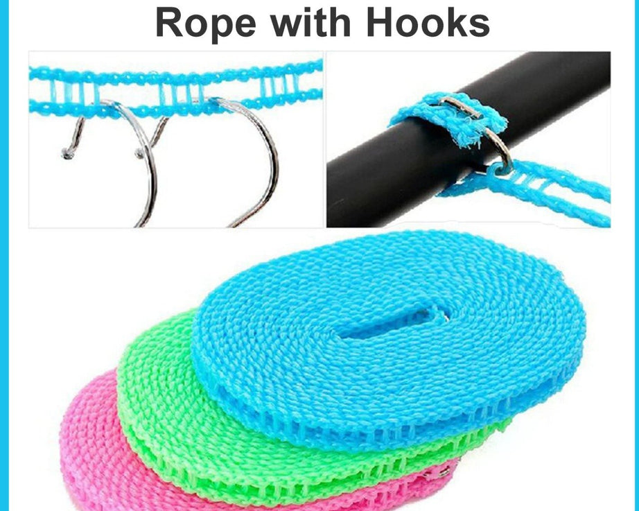 Nylon rope for clothes drying, features hooks