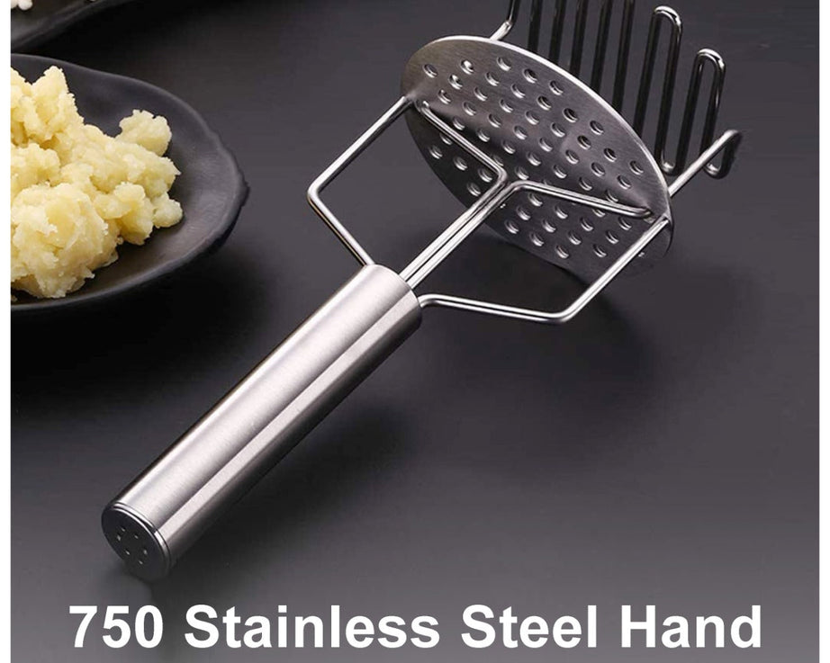 Hand masher for food preparation, made of stainless steel