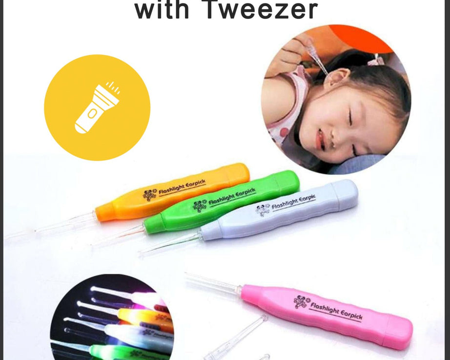 Versatile earpick with LED light and tweezer.
