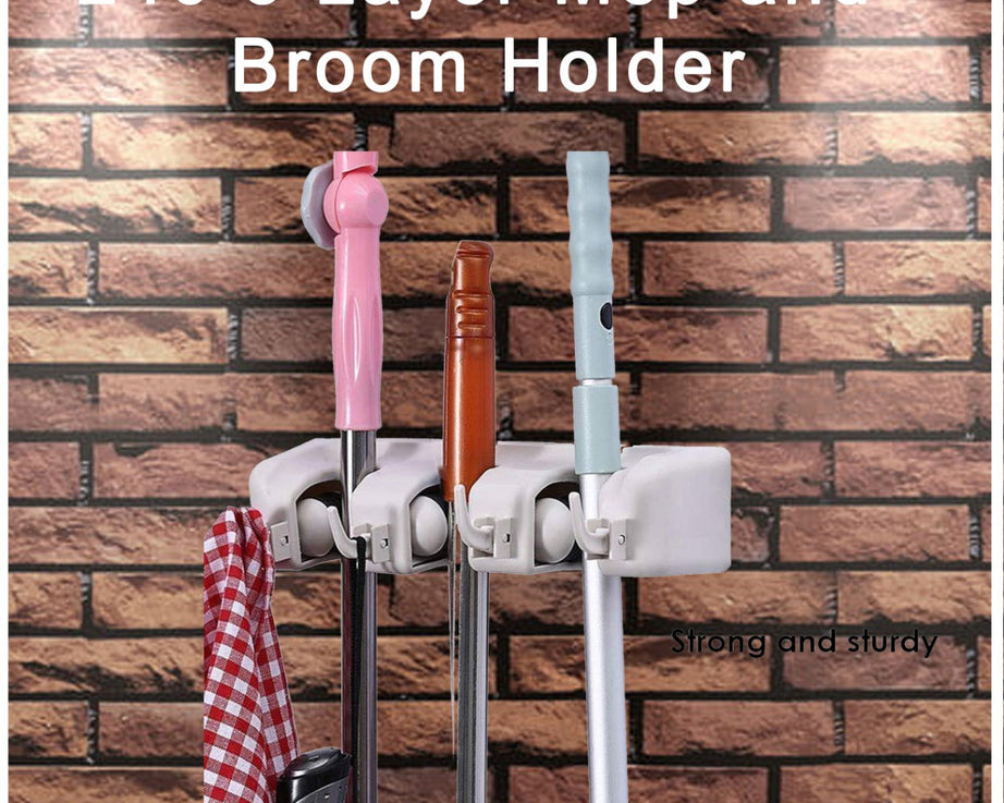 3-layer holder for organizing cleaning tools.