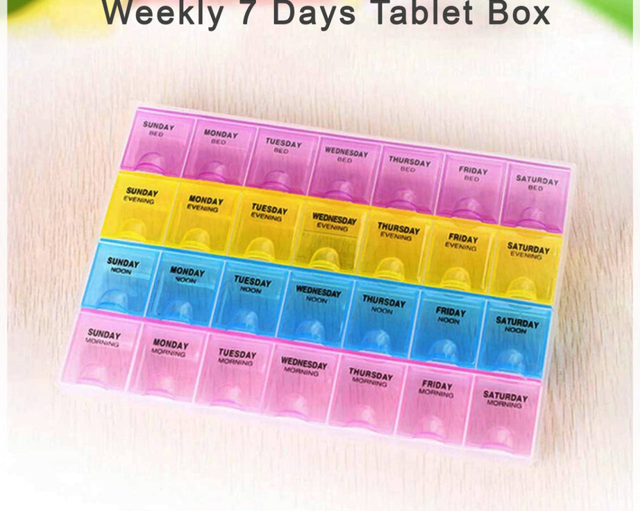 Medicine box with 28 squares, ideal for organizing tablets for the week.