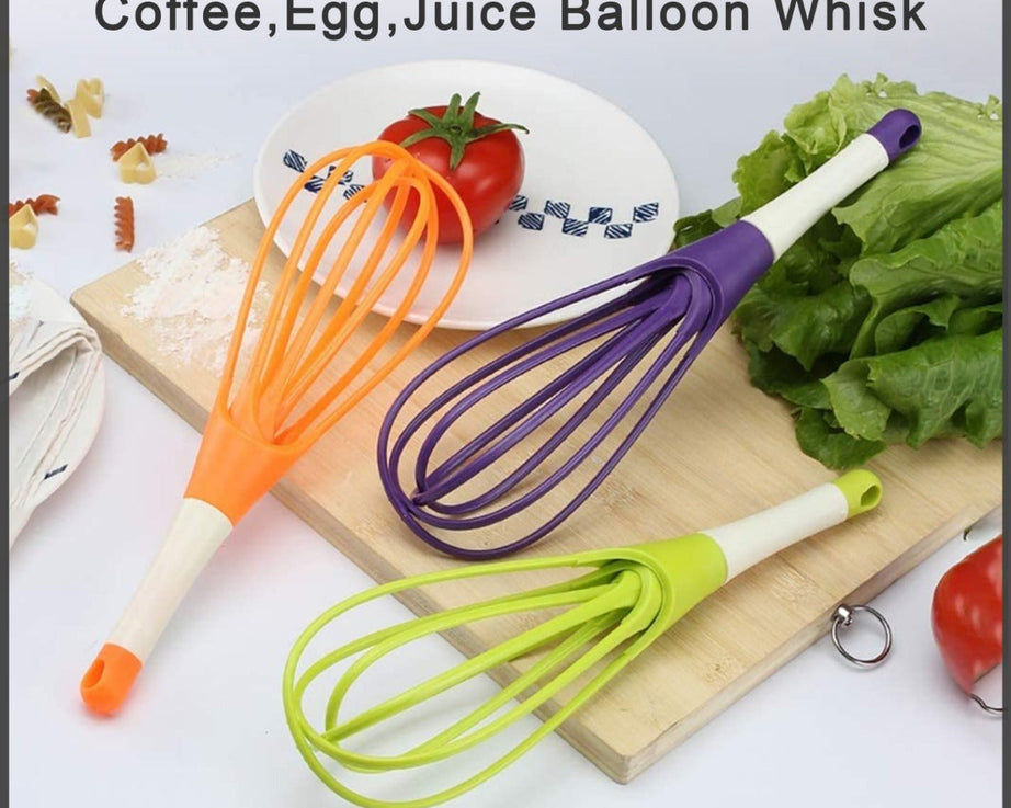 Balloon whisk mixer made from plastic, suitable for milk, coffee, eggs, and juice.