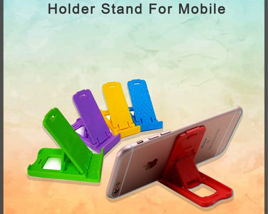 Universal holder stand for phones, features a foldable and portable design.