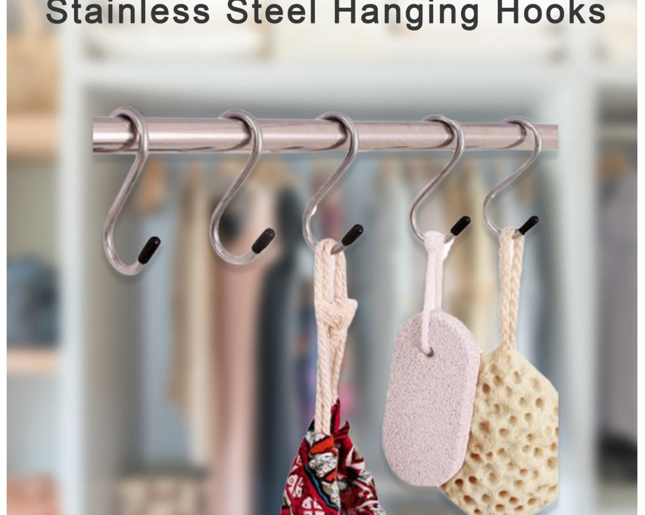 Five-piece set of strong stainless steel S-shaped hooks for various uses.