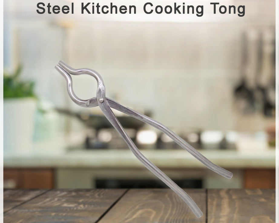 Stainless steel cooking tongs, ideal for handling food.