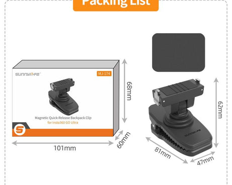 For Insta360 GO Ultra Sunnylife Magnetic Quick-Release Backpack Clip Action Camera Clamp Vertical-Horizontal Mount, For Insta360 GO Ultra