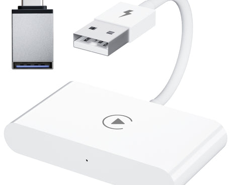 USB + USB-C / Type-C Wired to Wireless Carplay Adapter for iPhone, White Rectangle