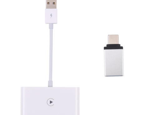 USB + USB-C / Type-C Wired to Wireless Carplay Adapter for iPhone, White Rectangle