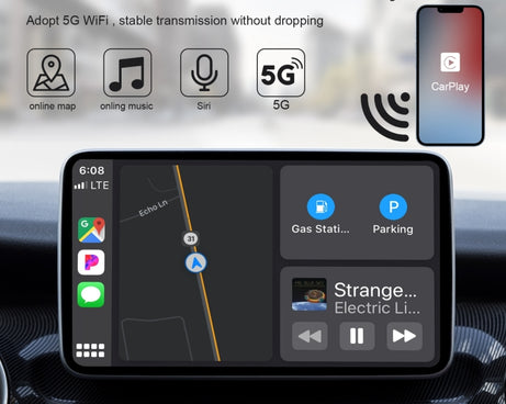 USB + USB-C / Type-C Wired to Wireless Carplay Adapter for iPhone, White Rectangle