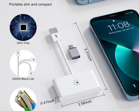 USB + USB-C / Type-C Wired to Wireless Carplay Adapter for iPhone, White Rectangle