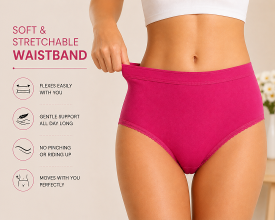 Women’s Outer Elastic Cotton Panties Pack of 6 | 100% Combed Cotton Full Coverage Briefs for Women | Soft Breathable Ladies Underwear | Stretchable OE Waistband | Plain Daily Wear Panties