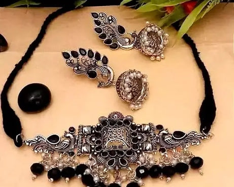 Black Pearl AD Jewellery Set oxidized jewellery set