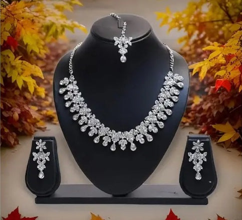 Silver Plated Necklace Set With White American Diamond
