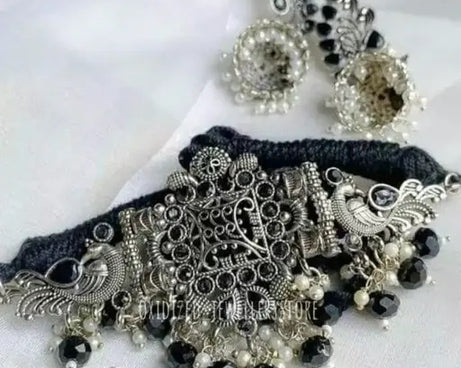 Black Pearl AD Jewellery Set oxidized jewellery set