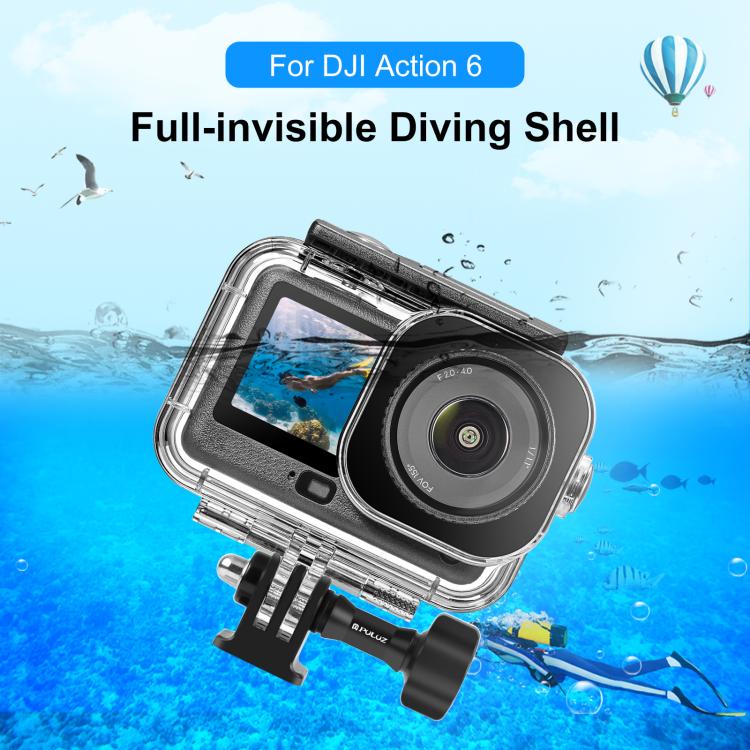 For DJI Osmo Action 6 PULUZ 60m / 196ft Underwater Waterproof Diving Shell with Invisible Adapter & Long Screw, Waterproof Shell