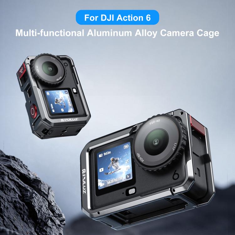 For DJI Osmo Action 6 PULUZ Metal Dual-Opening Camera Cage Expandable Frame with Silicone Lens Cap