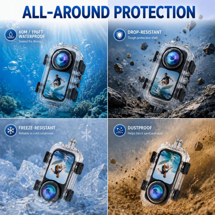 For Insta360 X6 PULUZ 60M / 196FT Underwater Waterproof Housing Invisible Diving Case HD PC Cover with Two-prong Base, Two-prong Base Waterproof Housing