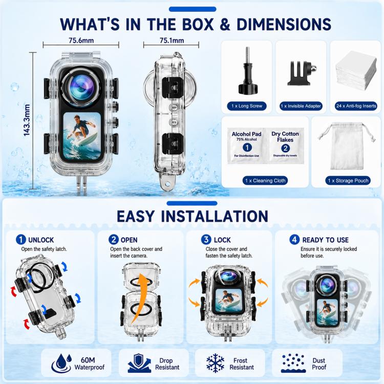 For Insta360 X6 PULUZ 60M / 196FT Underwater Waterproof Housing Invisible Diving Case HD PC Cover with Two-prong Base, Two-prong Base Waterproof Housing