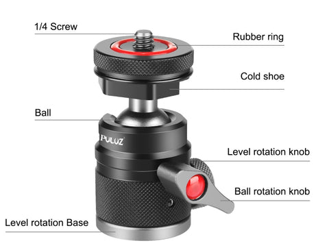 PULUZ Aluminum Alloy Ball Head Tripod Mount with Cold Shoe Base, Cold Shoe Ball Head
