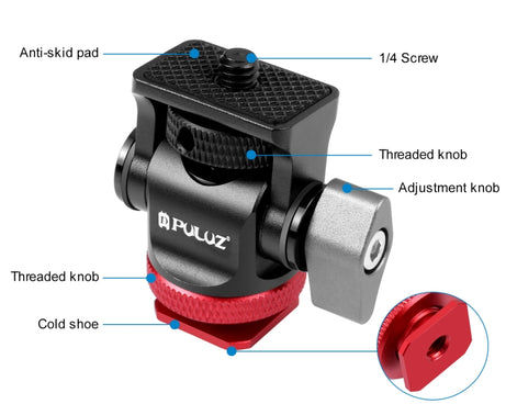PULUZ Mini 180 Degree Swing Tripod Ball Head Cold Shoe Mount Adapter, Mini 180 Degree Ball Head(Red), Mini 180 Degree Ball Head(Silver)