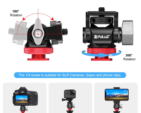 PULUZ Mini 180 Degree Swing Tripod Ball Head Cold Shoe Mount Adapter, Mini 180 Degree Ball Head(Red), Mini 180 Degree Ball Head(Silver)