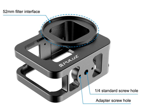 PULUZ for GoPro HERO13 Black /12 Black /11 Black /10 Black /9 Black Thicken Housing Shell CNC Aluminum Alloy Protective Cage with Insurance Frame & 52mm UV Lens, For GoPro HERO9 Black Thicken