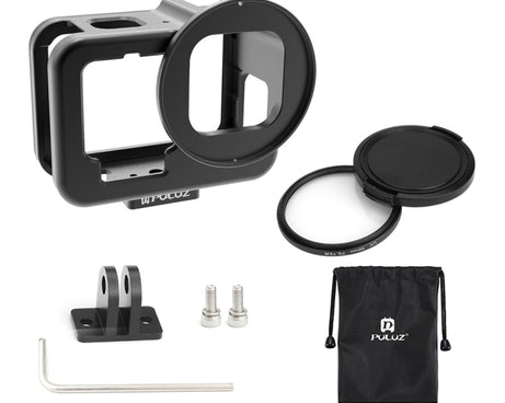 For GoPro HERO13 Black /12 Black /11 Black /10 Black /9 Black PULUZ Thin Housing Shell CNC Aluminum Alloy Protective Cage with Insurance Frame & 52mm UV Lens, For GoPro HERO9 Black Thin