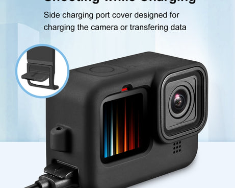 PULUZ for GoPro HERO12 Black /11 Black /10 Black /9 Black Silicone Protective Case + POM Side Interface Cover with Wrist Strap & Lens Cover, For GoPro HERO12 Black Silicone Case + Side Cover