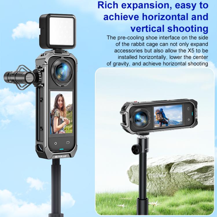 For Insta360 X5 PULUZ Aluminum Alloy Protective Cage Rig Expand Cold Shoe Housing Frame, Protective Cage