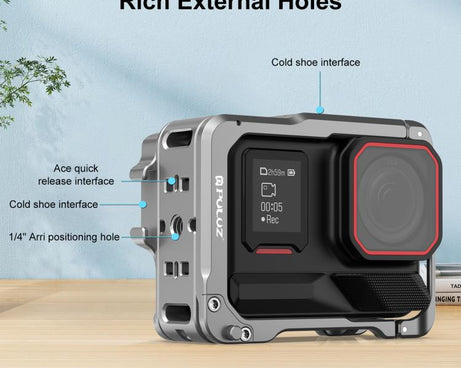 For Insta360 Ace Pro 2 PULUZ Aluminum Alloy Protective Cage Rig Dual Cold Shoe Housing Frame