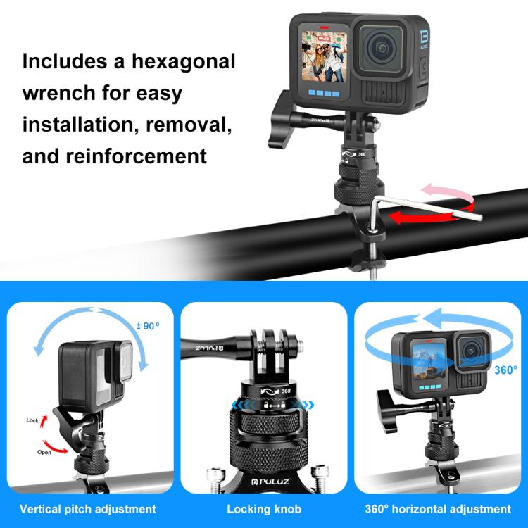 PULUZ 360 Degree Rotation MotorBike Aluminum Mount Handlebar Adapter with Screw for GoPro, Insta360, DJI and Other Action Cameras
