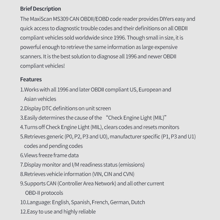 MS309 OBDII / EOBD Fault Coder Reader, MS309