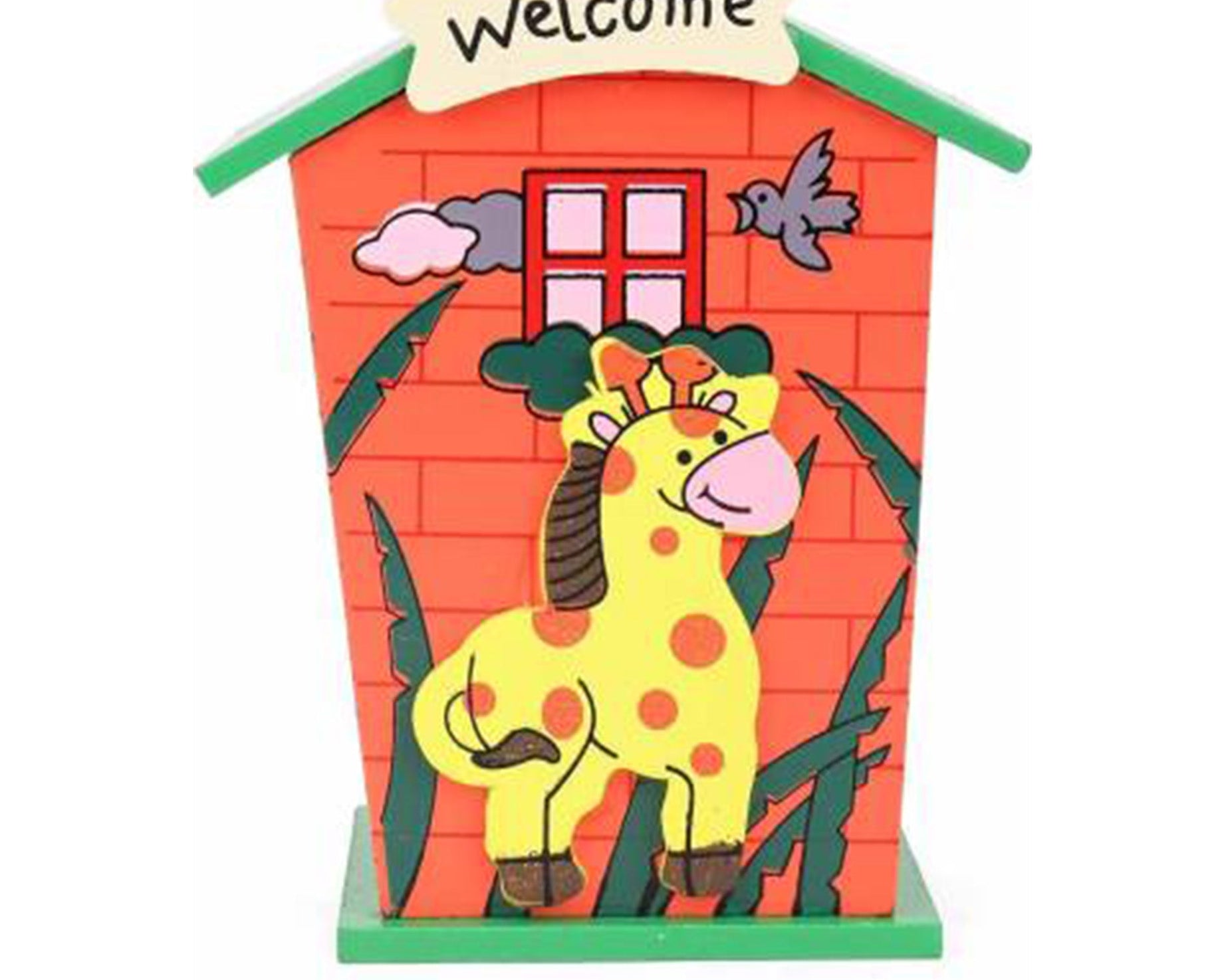 Wooden piggy bank in house shape