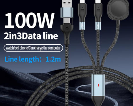 100W PD Fast Charging Date Cable for Phone and Watch, 1.2m 2-in-3, 2m 2-in-3, 1.2m 2-in-2, 2m 2-in-2