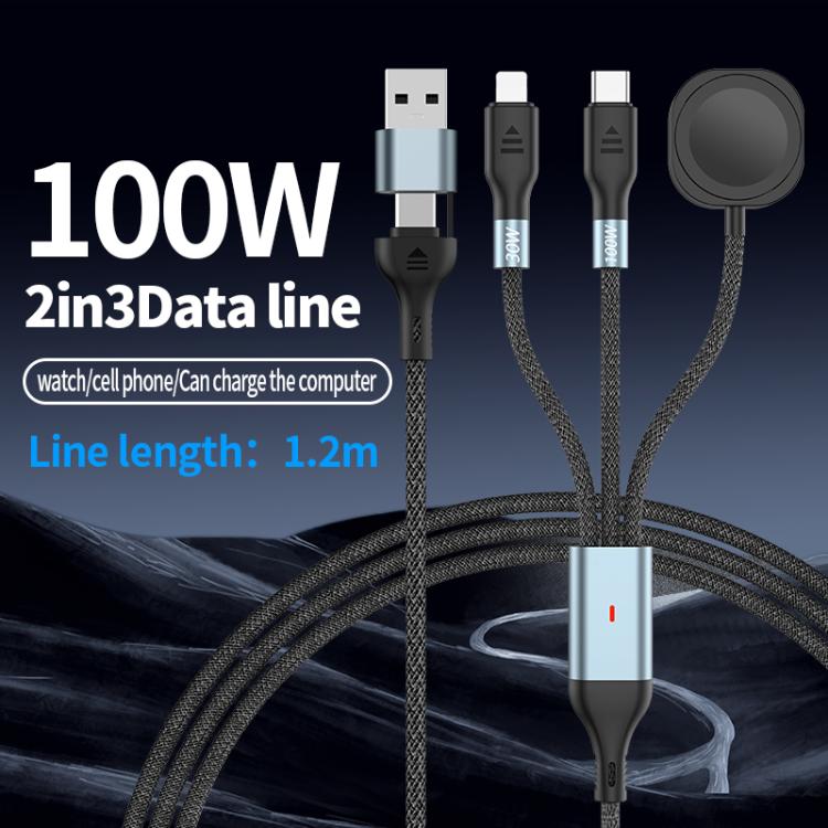 100W PD Fast Charging Date Cable for Phone and Watch, 1.2m 2-in-3, 2m 2-in-3, 1.2m 2-in-2, 2m 2-in-2