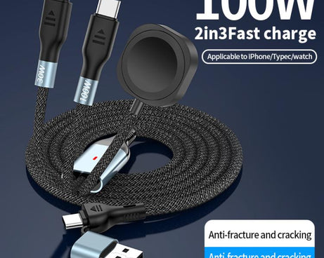 100W PD Fast Charging Date Cable for Phone and Watch, 1.2m 2-in-3, 2m 2-in-3, 1.2m 2-in-2, 2m 2-in-2