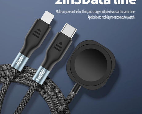 100W PD Fast Charging Date Cable for Phone and Watch, 1.2m 2-in-3, 2m 2-in-3, 1.2m 2-in-2, 2m 2-in-2