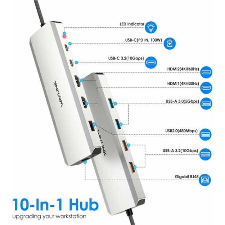 WAVLINK UMD309 Dual HD PD100W 10Gbps USB-A USB-C Docking Station 10 in 1 HUB, UMD309