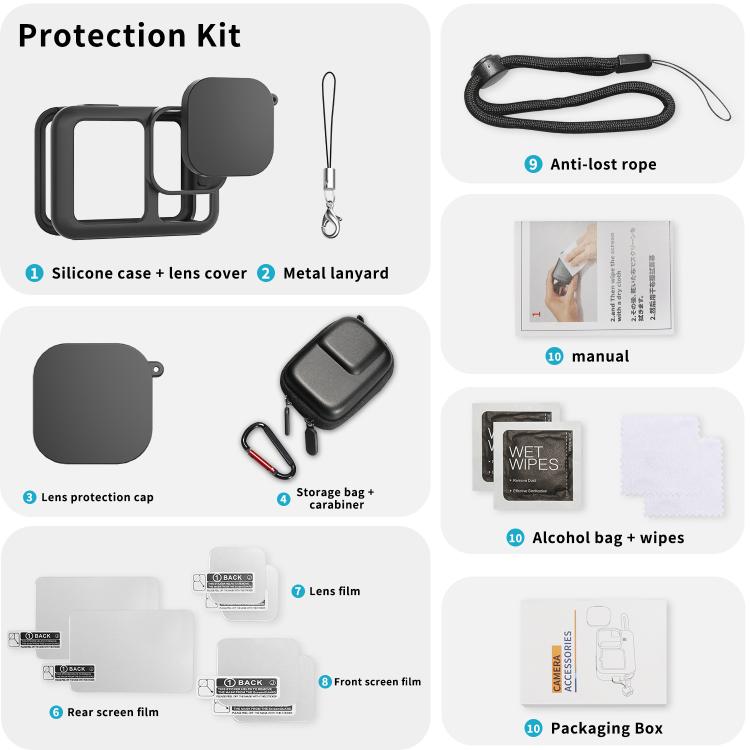 Silicone Case with Lens Cap + 2 Sets Tempered Glass Film + Battery Side Cover + Storage Bag Set