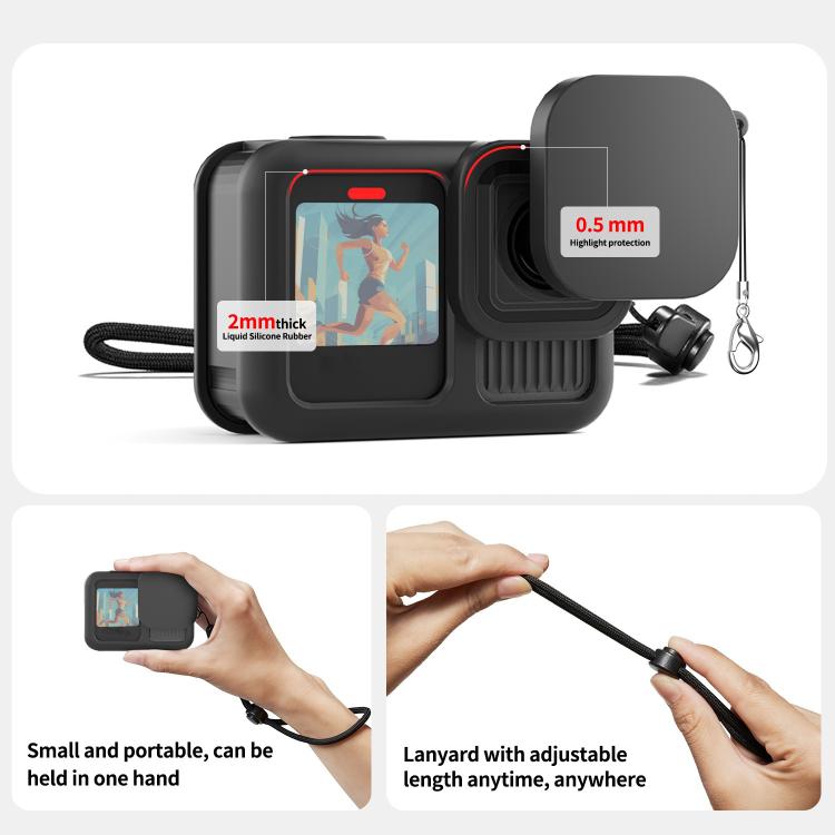 Silicone Case with Lens Cap + 2 Sets Tempered Glass Film + Battery Side Cover + Storage Bag Set