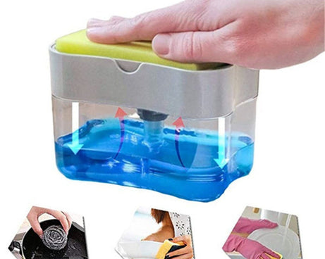 Practical soap dispenser with integrated sponge holder