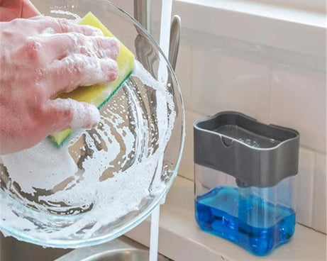 Compact liquid soap dispenser with integrated sponge holder