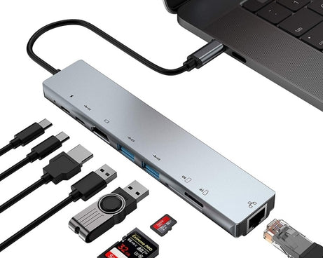 WC7367 8 in 1 87W Type-C to PD+USB3.0/USB2.0+SD+TF+HDMI+RJ45+Type-c Docking Station HUB, WC7367