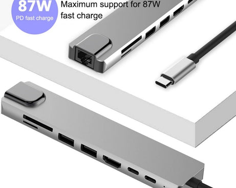 WC7367 8 in 1 87W Type-C to PD+USB3.0/USB2.0+SD+TF+HDMI+RJ45+Type-c Docking Station HUB, WC7367