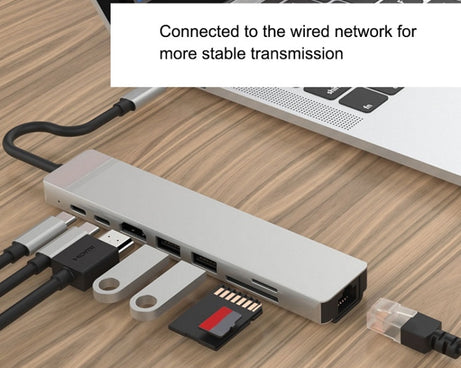 WC7367 8 in 1 87W Type-C to PD+USB3.0/USB2.0+SD+TF+HDMI+RJ45+Type-c Docking Station HUB, WC7367