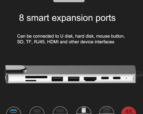 WC7367 8 in 1 87W Type-C to PD+USB3.0/USB2.0+SD+TF+HDMI+RJ45+Type-c Docking Station HUB, WC7367