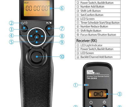 Pixel TW283 Shutter Wireless Delay Remote Control SLR Shutter Flasher, For Canon E3, For Nikon DC0, For Nikon DC2, For Sony S1, For Sony S2, For Instax 90, For Instax E3